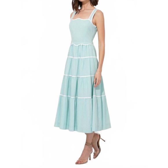 NEW ADELYN RAE oxford cotton tiered dress in aqua green - Picture 3 of 6